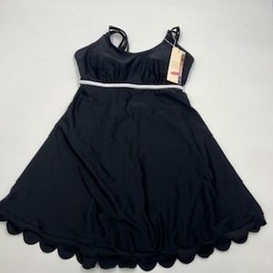 Womens Black Scalloped Hem Swimdress One Piece Swimsuit White Trim Empire Waist